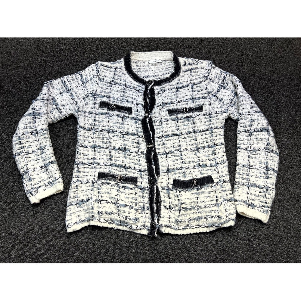 Sioni Cardigan Sweater Women's L White Black Textured Boucle Tweed Fringe Trim